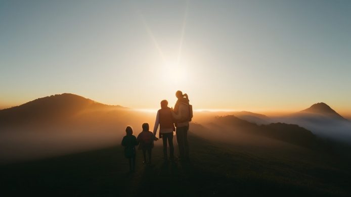 family above the clouds sunset silhouette